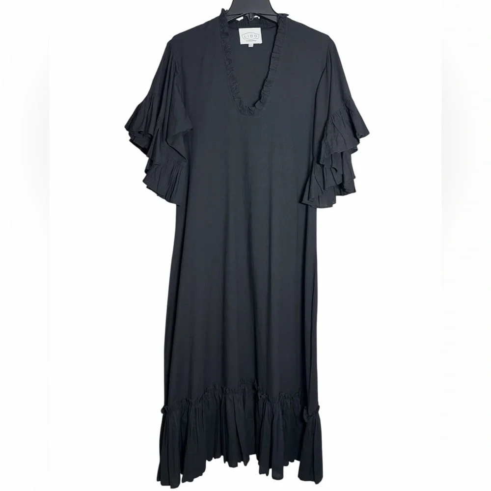 LIDO Black Cotton Ruffle Statement Sleeve Maxi Dress M/L Medium Large - Picture 1 of 5